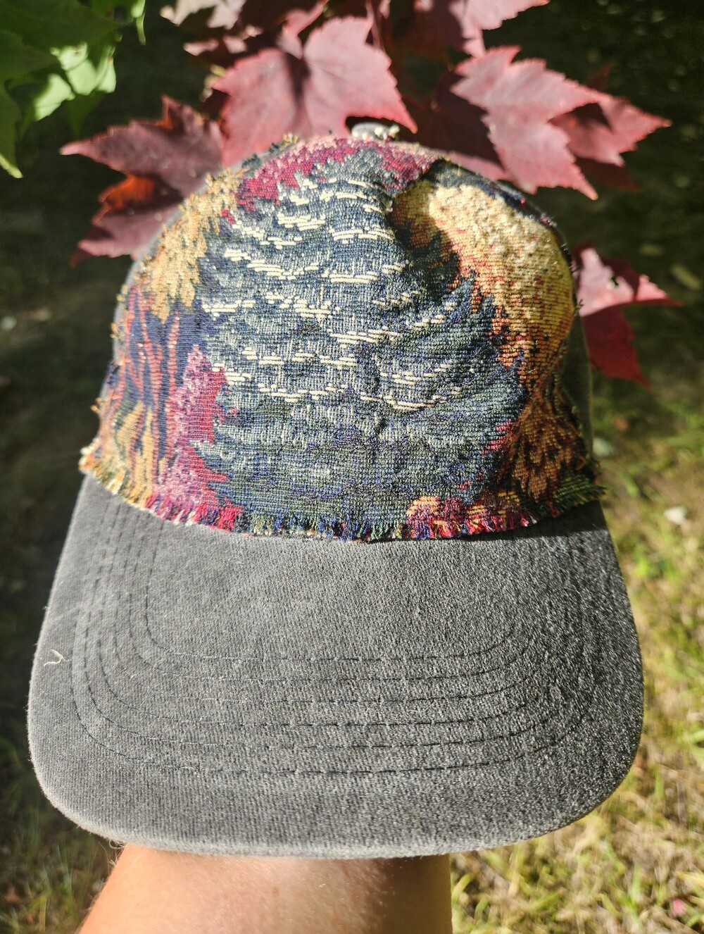 Gritty Boho Gray Forest Floral Vintage Tapestry Print Upcycled Baseball Cap